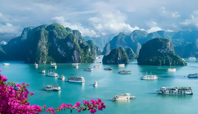Several boats on calm blue water surrounded by green mountains.