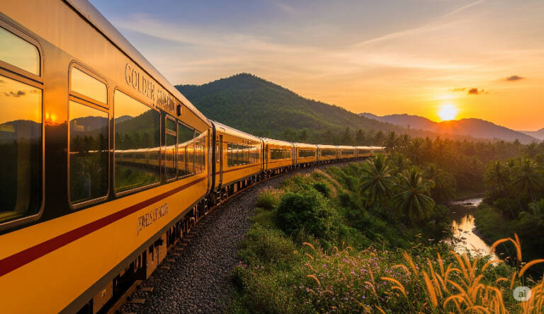 Train traveling through a scenic landscape at sunset.