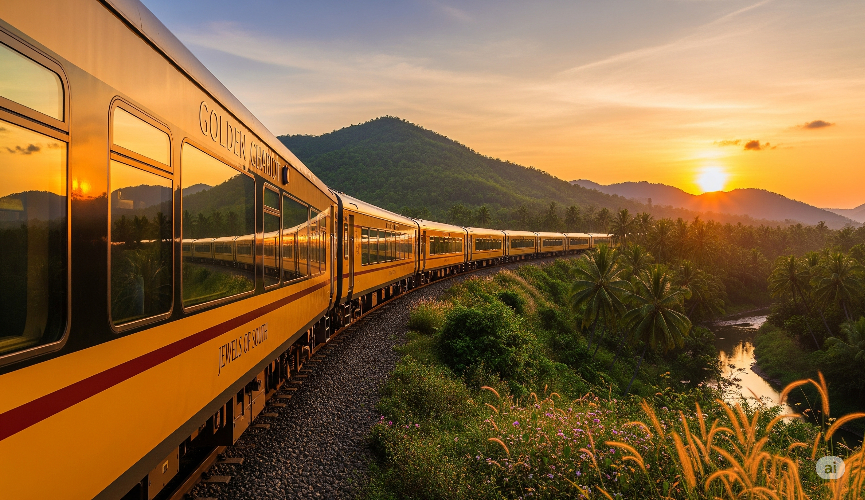 Train traveling through a scenic landscape at sunset.