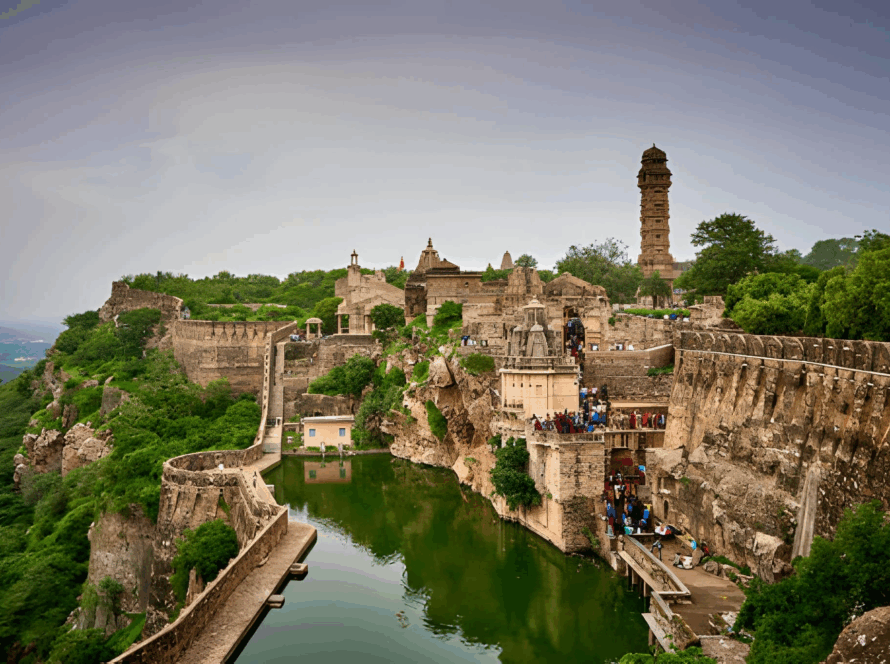Chittorgarh Fort Rajasthan: Ancient stone fortress with towers overlooking river moat, palaces, visitors, and lush green surroundings