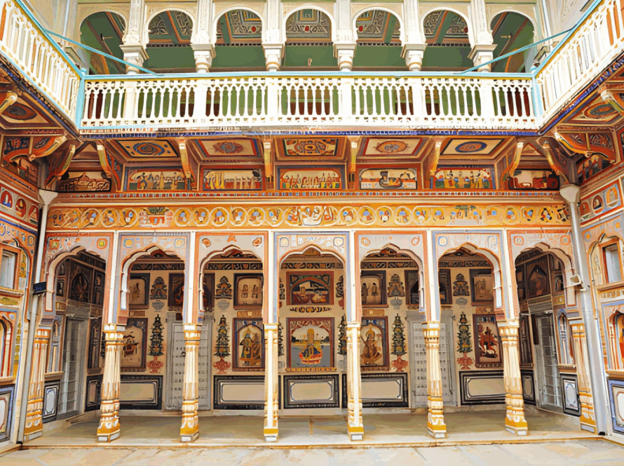 Podar Haveli courtyard in Nawalgarh, Shekhawati, adorned with vibrant frescoes and ornate arches, a cultural gem among tourist places to visit in Rajasthan.
