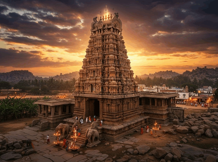Virupaksha Temple in Hampi at sunset, with devotees and lit lamps, illustrating Iconic Monuments in India.