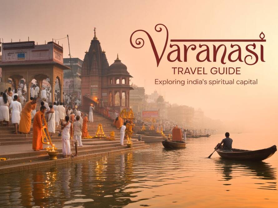 Varanasi travel guide: pilgrims and priests gather on ancient ghats, conducting rituals beside Ganges River with temple, sunrise, and rowboat