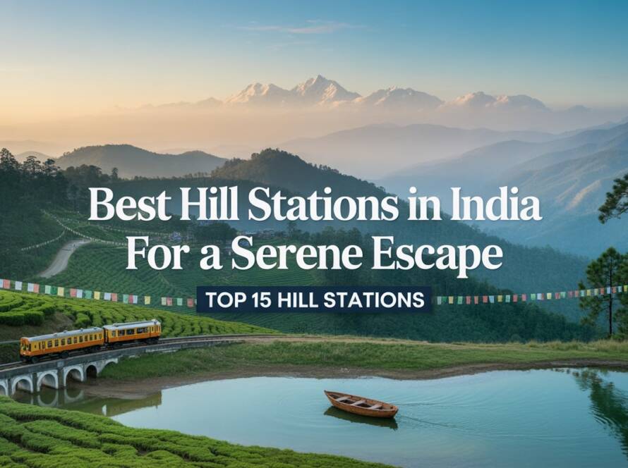 A tranquil mountain landscape at sunrise/sunset featuring tea plantations, a lake with a boat, a vintage train, and snow-capped peaks, with text overlay "Best Hill Stations in India."
