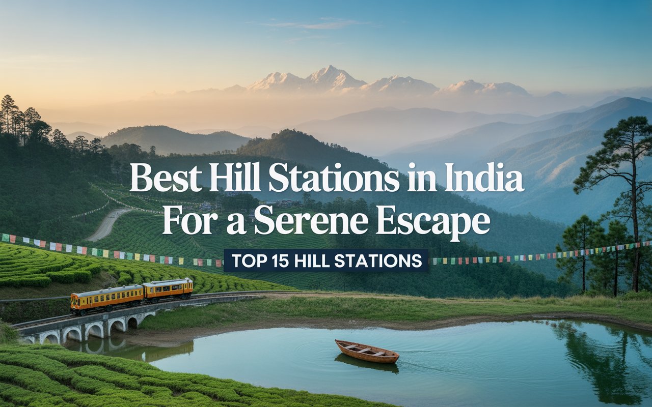 A tranquil mountain landscape at sunrise/sunset featuring tea plantations, a lake with a boat, a vintage train, and snow-capped peaks, with text overlay "Best Hill Stations in India."