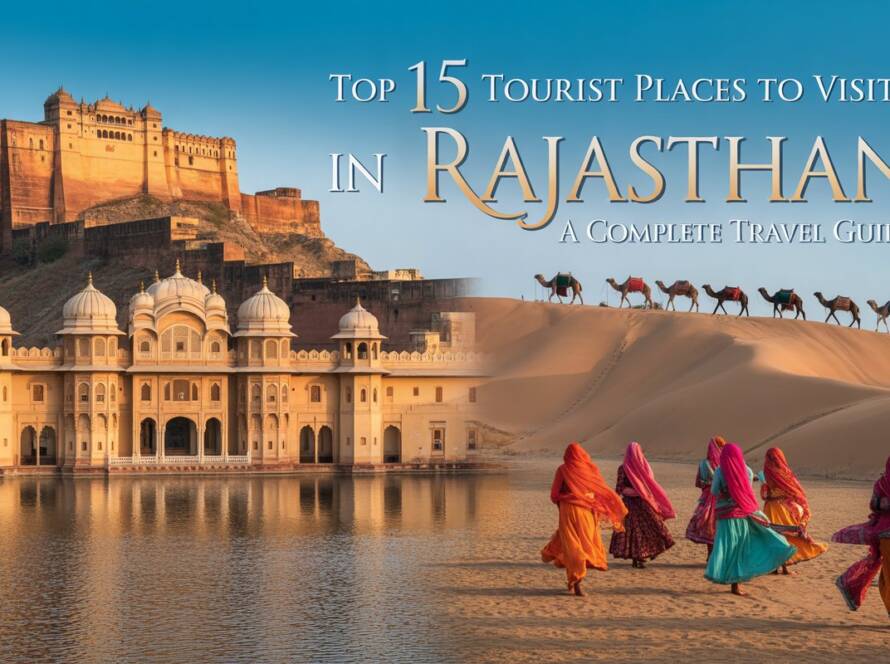Top 15 Tourist Places to Visit in Rajasthan: Desert palace, camel caravan, golden fort, women in colorful traditional attire, and sacred temple