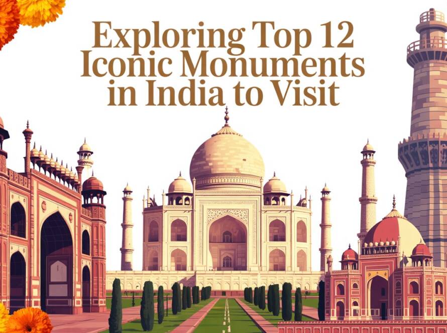 Top 12 Iconic Monuments in India including Taj Mahal, mosque, tower, and temple architecture with marigold flowers