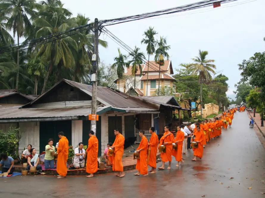 Monks in orange robes participating in a traditional alms-giving ceremony in Luang Prabang, Laos, a cultural highlight of South Asian Gems.