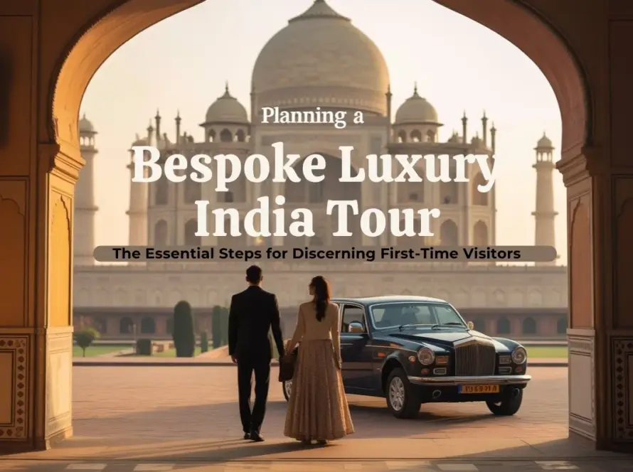 Couple walking towards the Taj Mahal during a Bespoke Luxury India Tour, with a luxury car in the background.