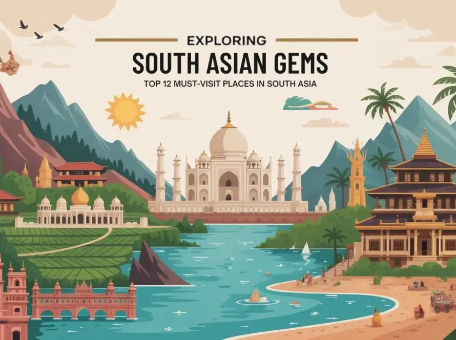 Illustrated map of South Asia showcasing iconic landmarks like the Taj Mahal, temples, mountains, and beaches, highlighting the region’s South Asian Gems.