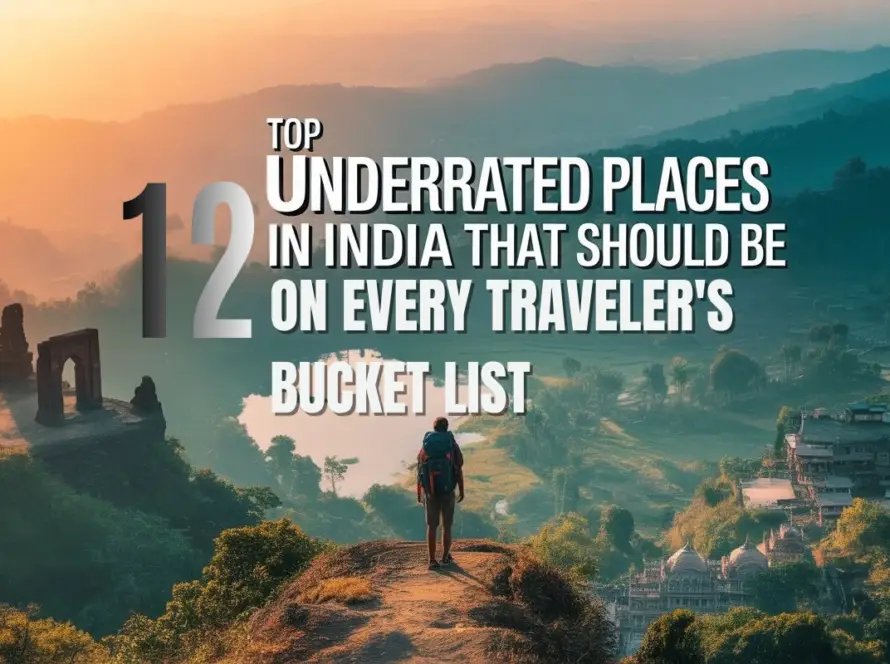 A solo traveler with a backpack standing on a hilltop overlooking lush green valleys, ancient ruins, and misty mountains at sunset, with the text "Top 12 Underrated Places in India That Should Be On Every Traveler's Bucket List."