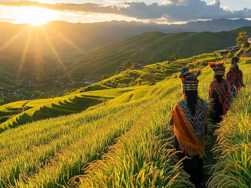 People in traditional attire walking through the vibrant green rice terraces of Ziro Valley, Arunachal Pradesh, during sunset, highlighting Underrated Places in India.