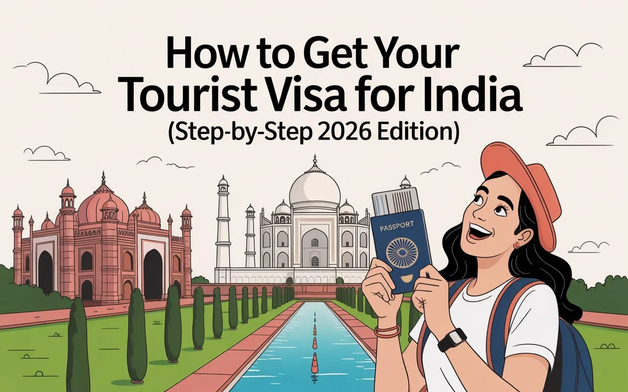 Illustration of a smiling traveler holding a passport in front of the Taj Mahal and other Indian architecture with the text, "How to Get Your Tourist Visa for India (Step-by-Step 2026 Edition)."