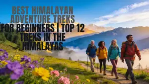 Four hikers walking along a mountain path in the Himalayas, with text reading "Best Himalayan Adventure Treks for Beginners | Top 12 Treks in the Himalayas.