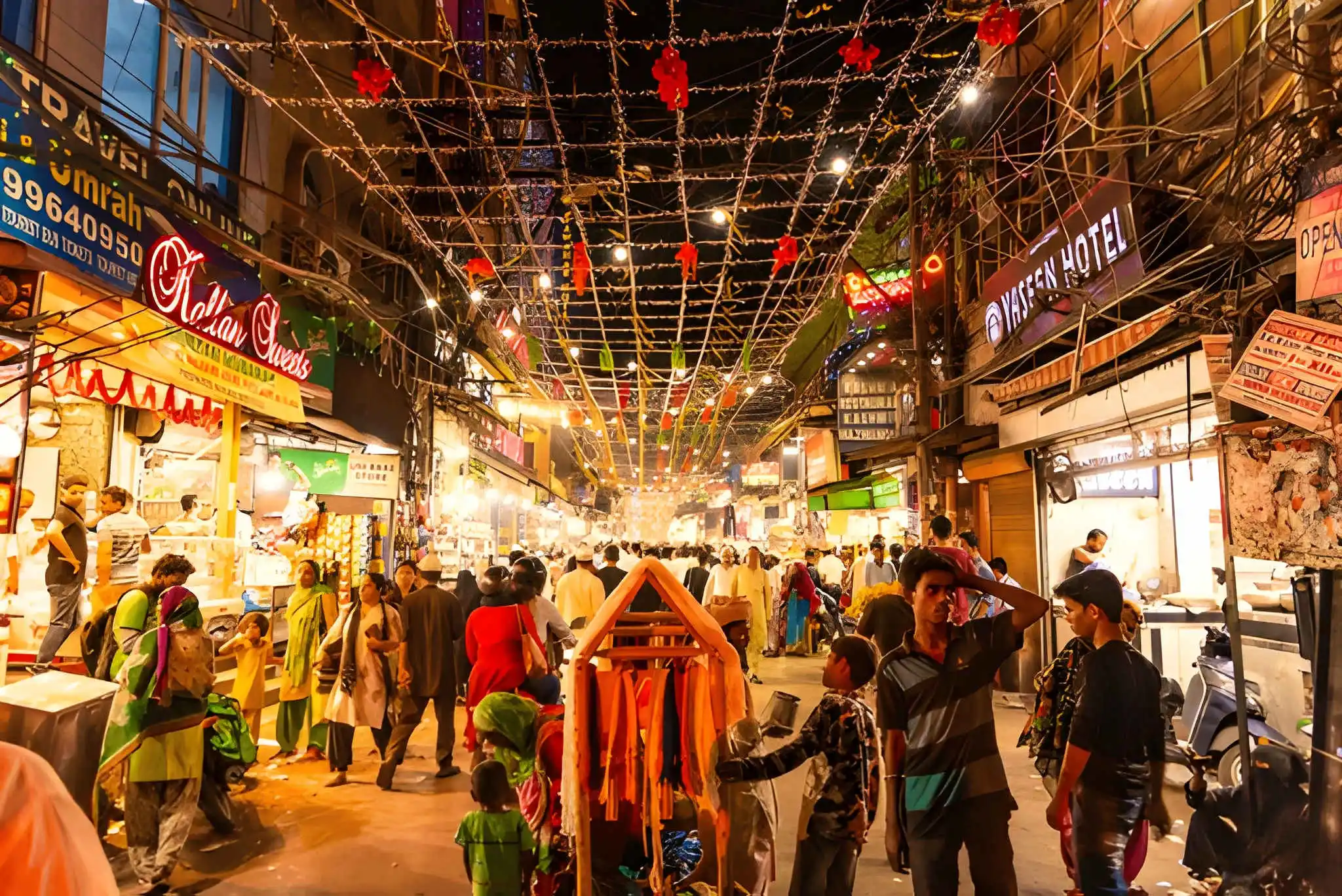 Crowded Chandni Chowk market at night with illuminated shop signs, decorative lights, and street vendors in Old Delhi 