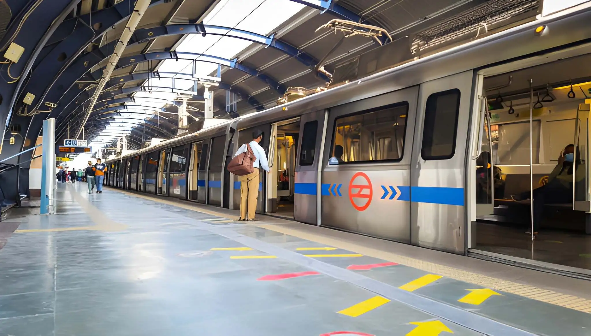 Empty Delhi Metro train at platform with modern metro train design, yellow and red floor markings, and glass ceiling skylights 
