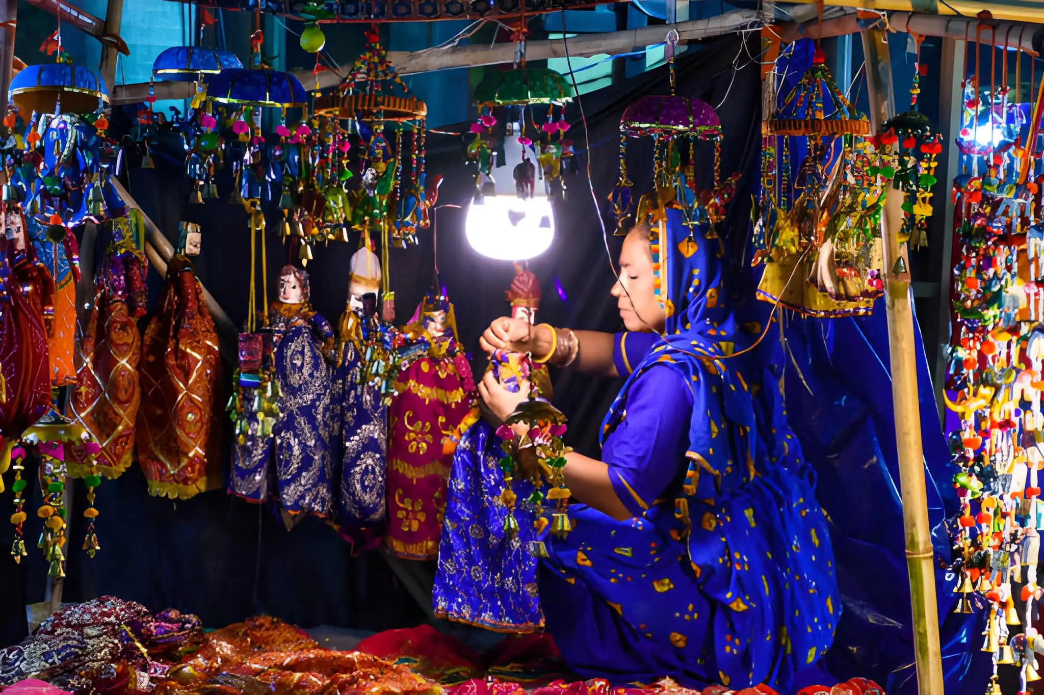 Dilli Haat traditional Indian handicraft market with colorful ethnic clothing, hanging decorations, and vendor selling souvenirs 