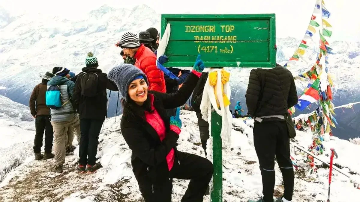 A woman in winter gear smiles and points at a green sign marking "Dzongri Top (4171 mtr)" in a snowy mountain landscape. Other trekkers and prayer flags are visible in the background against a backdrop of snow-covered peaks.