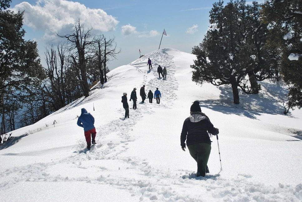 A group of trekkers in winter clothing walks uphill along a snowy, narrow trail toward a small summit marked by a white flag under a bright, partly cloudy sky.