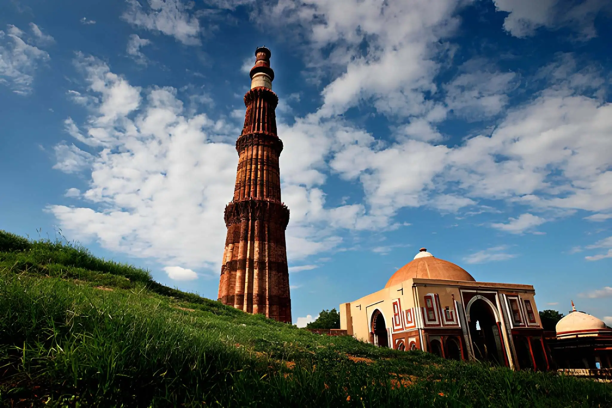 Qutab Minar red sandstone tower in Delhi with blue sky, adjacent mosque building with dome, and green grounds 