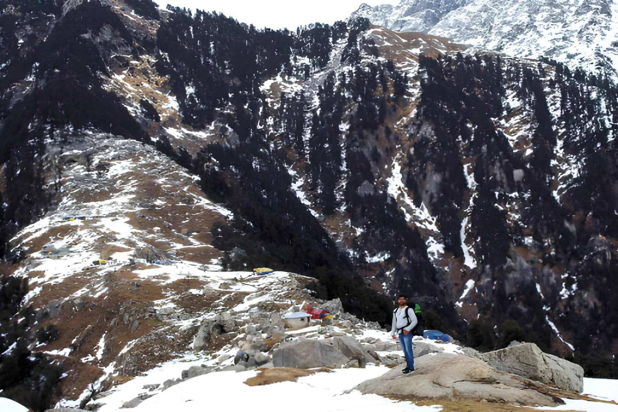 Two mules carrying heavy packs walk along a rocky, narrow trail on a steep mountainside, with a massive, snow-dusted peak rising sharply against a clear sky in the background.