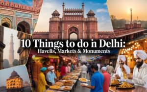 Collage of Delhi attractions: Red Fort, Qutb Minar, Jama Masjid, and street food markets with bustling crowds